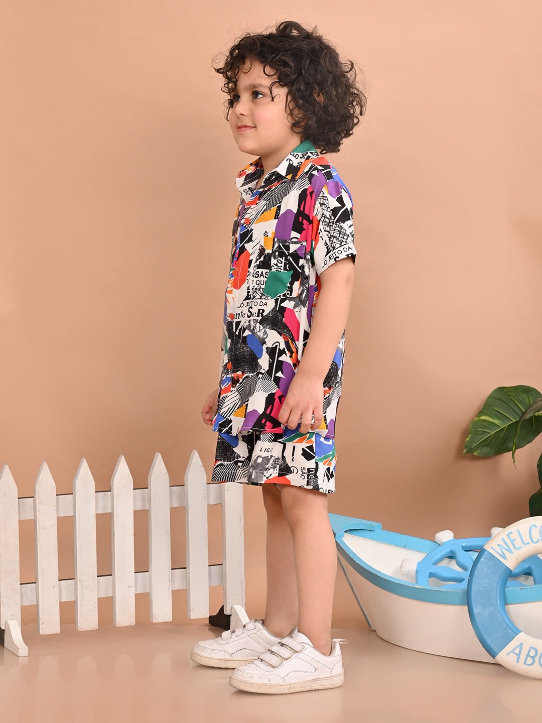 Boys Coordinated Set With Printed Rayon Shirt and Shorts, Multicolor