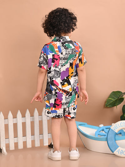 Boys Coordinated Set With Printed Rayon Shirt and Shorts, Multicolor