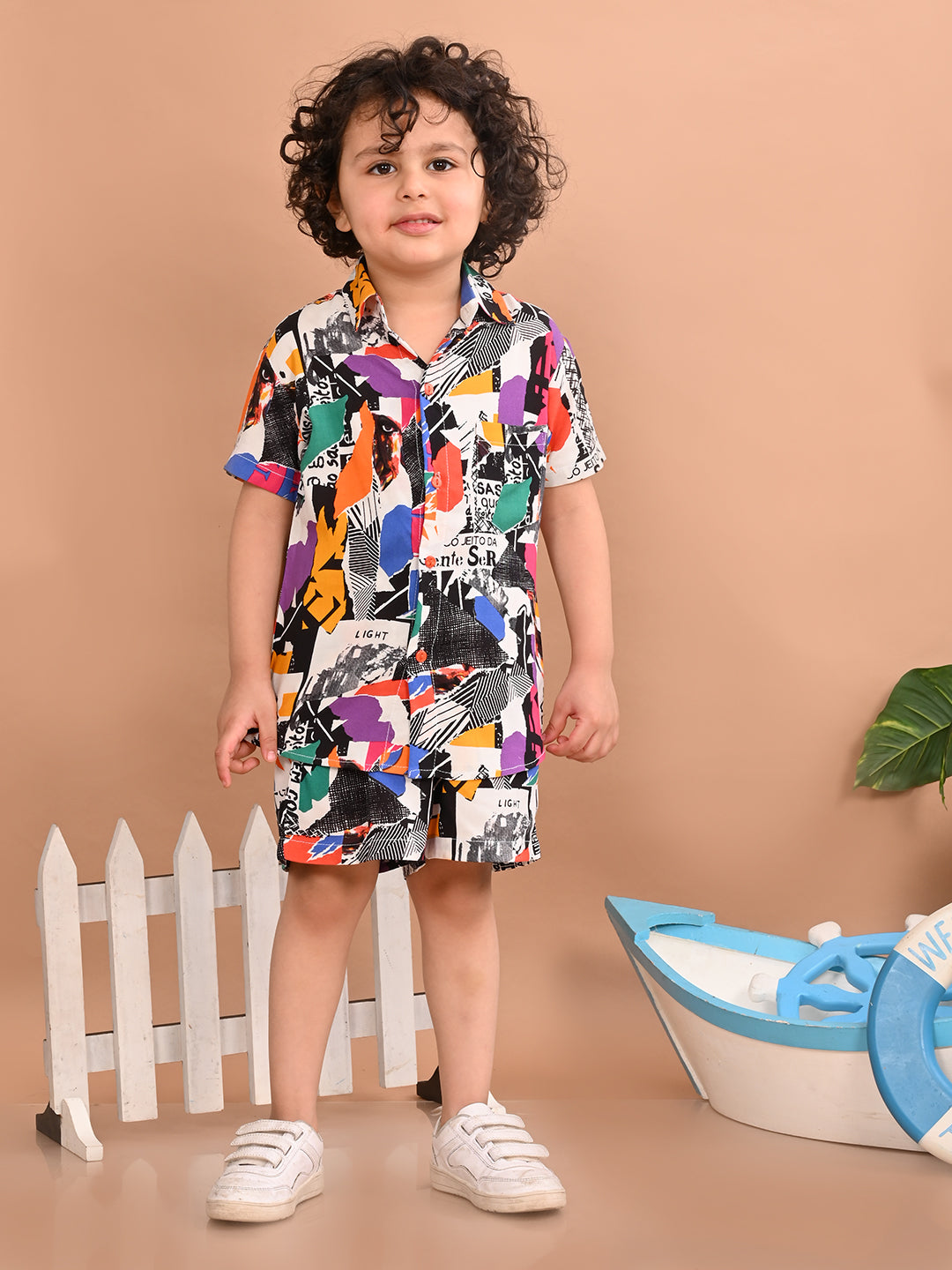 Boys Coordinated Set With Printed Rayon Shirt and Shorts, Multicolor