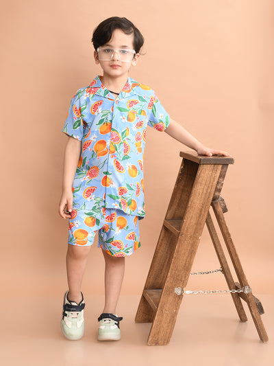 Boys Coordinated Set With Printed Rayon Shirt and Shorts, Sky Blue