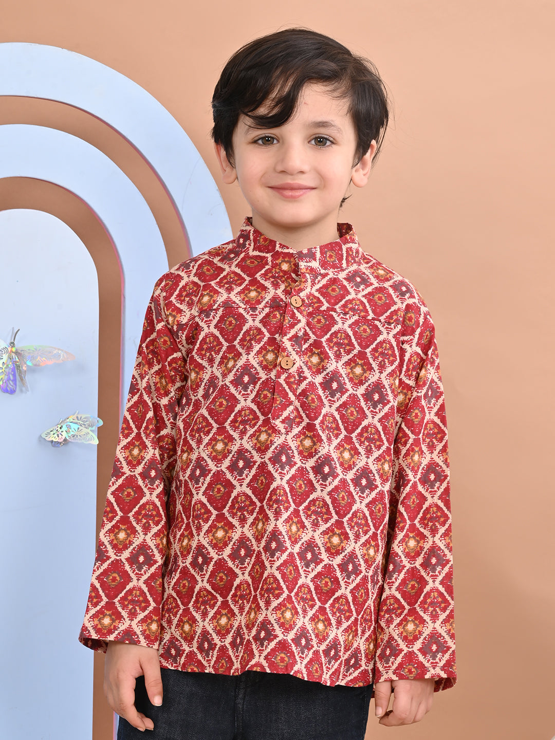 superminis Baby Boys Cotton Printed Kurta Shirt, Maroon