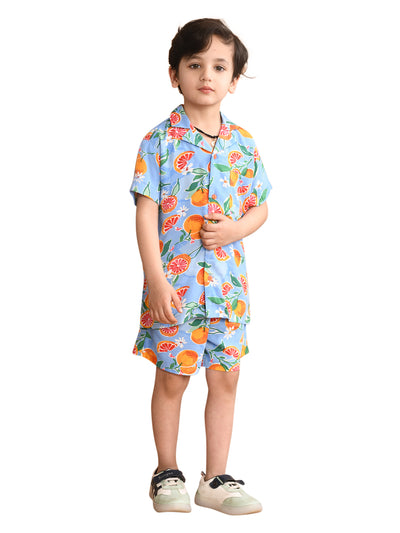 Boys Coordinated Set With Printed Rayon Shirt and Shorts, Sky Blue