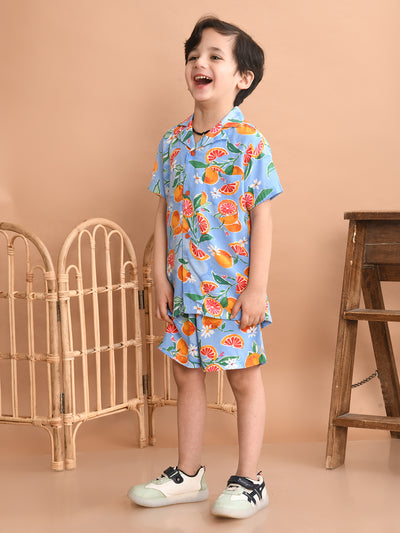 Boys Coordinated Set With Printed Rayon Shirt and Shorts, Sky Blue