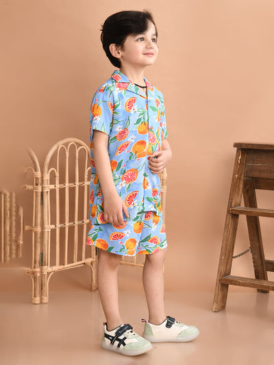 Boys Coordinated Set With Printed Rayon Shirt and Shorts, Sky Blue