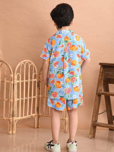 Boys Coordinated Set With Printed Rayon Shirt and Shorts, Sky Blue