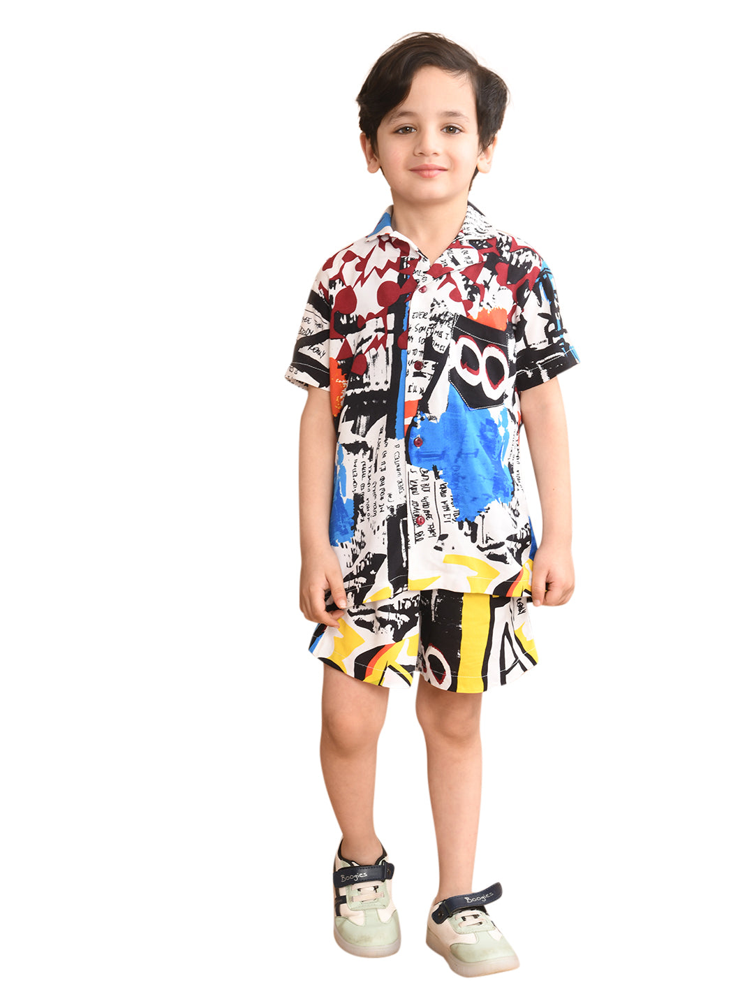 Boys Coordinated Set With Printed Rayon Shirt and Shorts, White Maroon