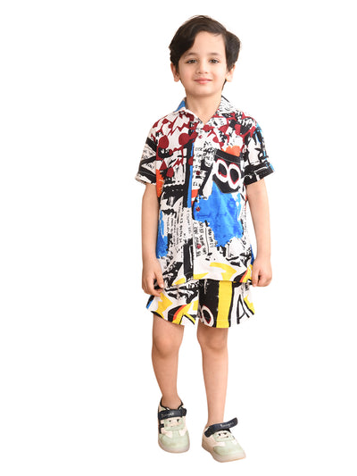 Boys Coordinated Set With Printed Rayon Shirt and Shorts, White Maroon