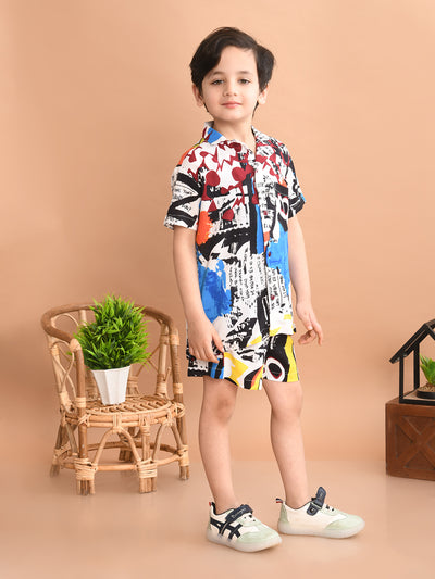 Boys Coordinated Set With Printed Rayon Shirt and Shorts, White Maroon