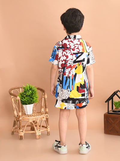 Boys Coordinated Set With Printed Rayon Shirt and Shorts, White Maroon