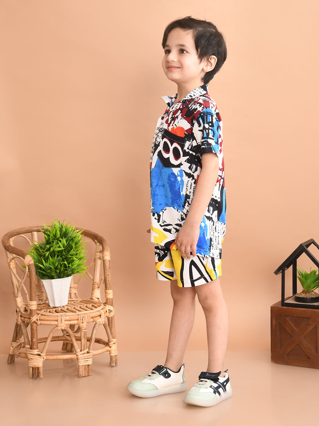 Boys Coordinated Set With Printed Rayon Shirt and Shorts, White Maroon