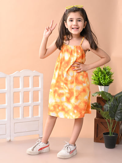 Baby Girls Rayon Tie Dye Print A Line Sleeveless Frock Dress with Shoulder Strap, Orange