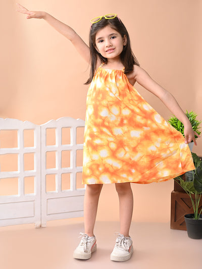 Baby Girls Rayon Tie Dye Print A Line Sleeveless Frock Dress with Shoulder Strap, Orange