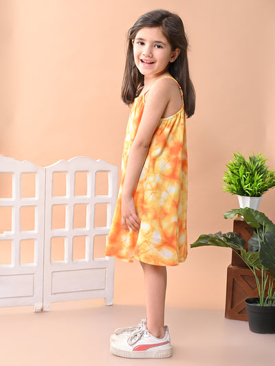 Baby Girls Rayon Tie Dye Print A Line Sleeveless Frock Dress with Shoulder Strap, Orange