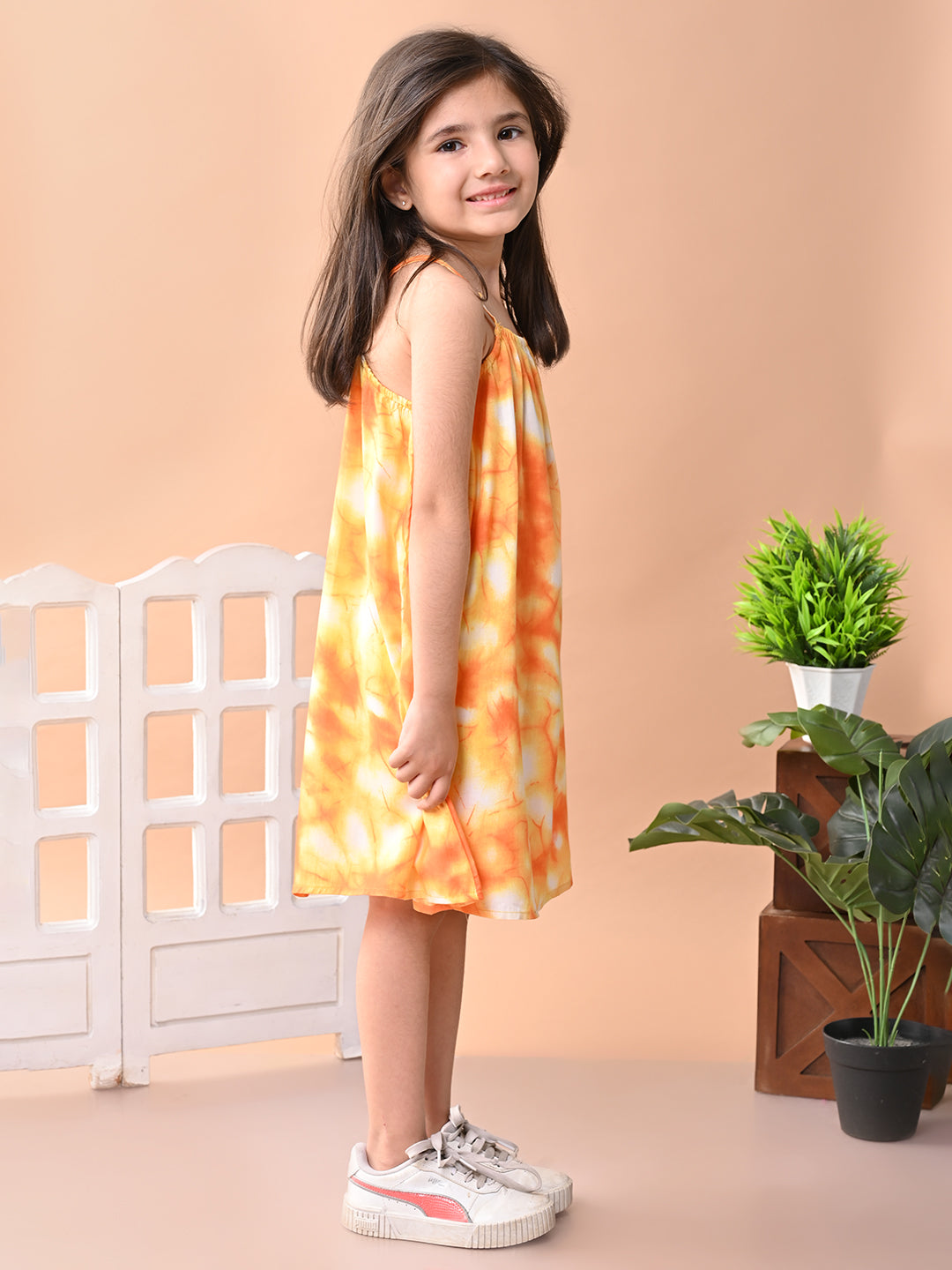 Baby Girls Rayon Tie Dye Print A Line Sleeveless Frock Dress with Shoulder Strap, Orange