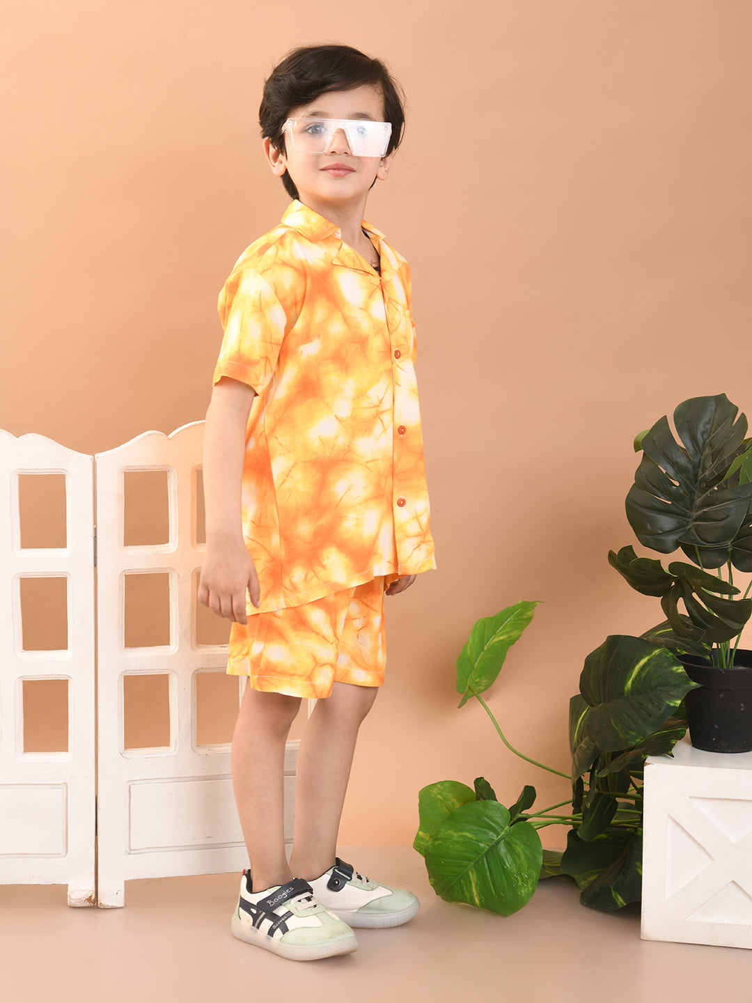 Baby Boys Rayon Tie-Dye Printed Co-ord Set With Notched Collar Shirt and Shorts, Orange