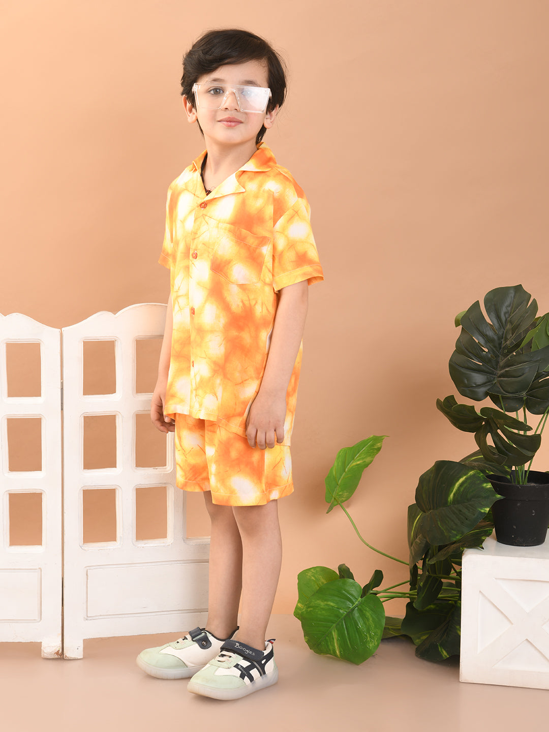 Baby Boys Rayon Tie-Dye Printed Co-ord Set With Notched Collar Shirt and Shorts, Orange