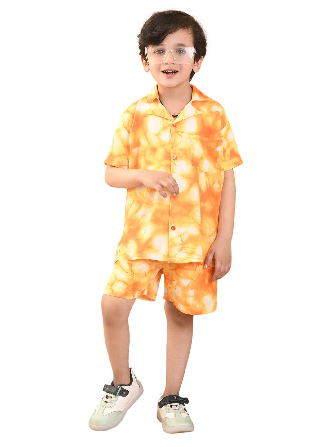 Baby Boys Rayon Tie-Dye Printed Co-ord Set With Notched Collar Shirt and Shorts, Orange