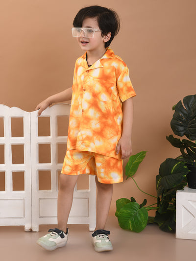 Baby Boys Rayon Tie-Dye Printed Co-ord Set With Notched Collar Shirt and Shorts, Orange