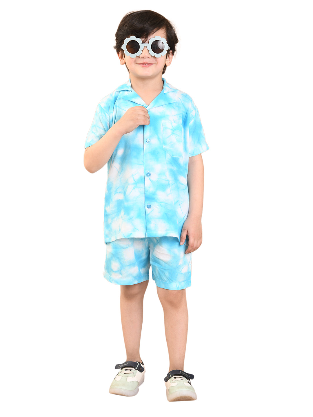 Baby Boys Rayon Tie-Dye Printed Co-ord Set With Notched Collar Shirt and Shorts, Sky Blue