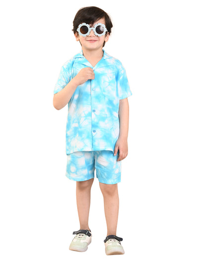 Baby Boys Rayon Tie-Dye Printed Co-ord Set With Notched Collar Shirt and Shorts, Sky Blue