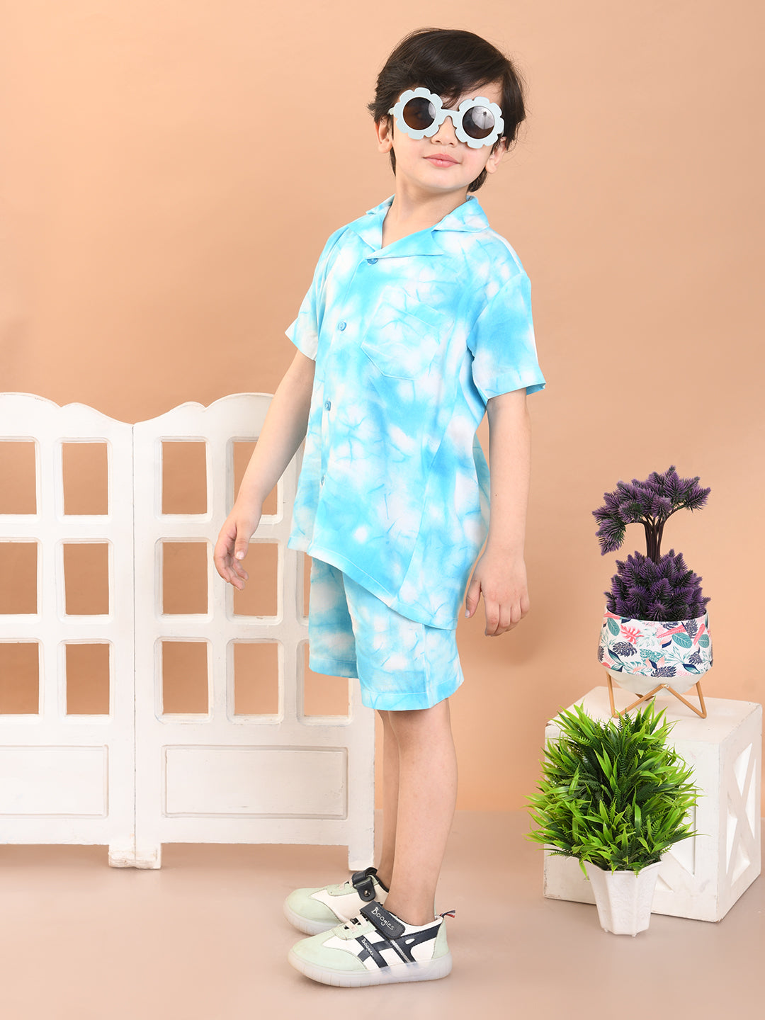 Baby Boys Rayon Tie-Dye Printed Co-ord Set With Notched Collar Shirt and Shorts, Sky Blue