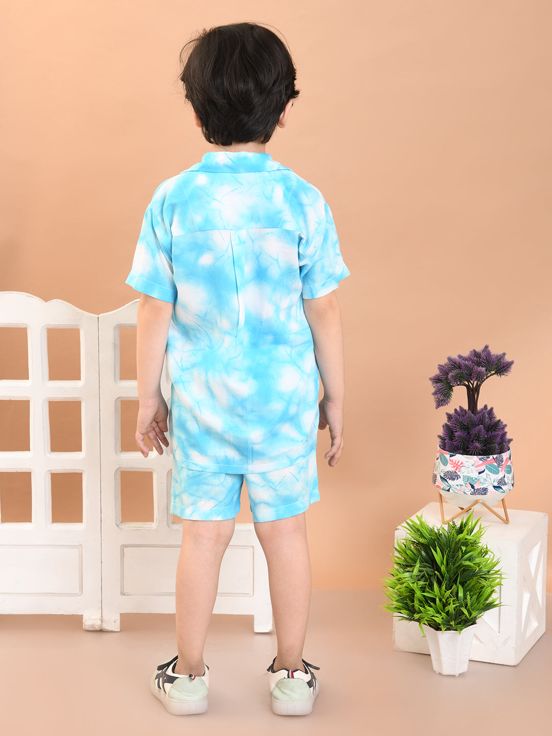 Baby Boys Rayon Tie-Dye Printed Co-ord Set With Notched Collar Shirt and Shorts, Sky Blue