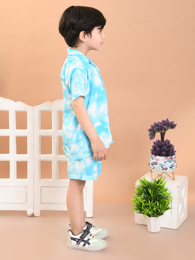 Baby Boys Rayon Tie-Dye Printed Co-ord Set With Notched Collar Shirt and Shorts, Sky Blue