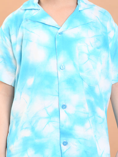 Baby Boys Rayon Tie-Dye Printed Co-ord Set With Notched Collar Shirt and Shorts, Sky Blue