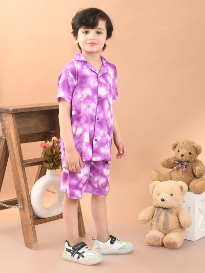 Baby Boys Rayon Tie-Dye Printed Co-ord Set With Notched Collar Shirt and Shorts , Purple