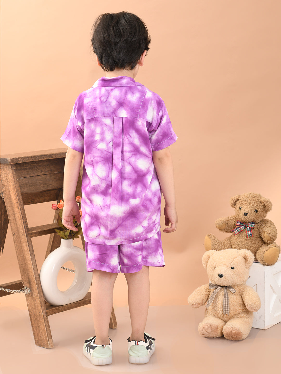 Baby Boys Rayon Tie-Dye Printed Co-ord Set With Notched Collar Shirt and Shorts , Purple