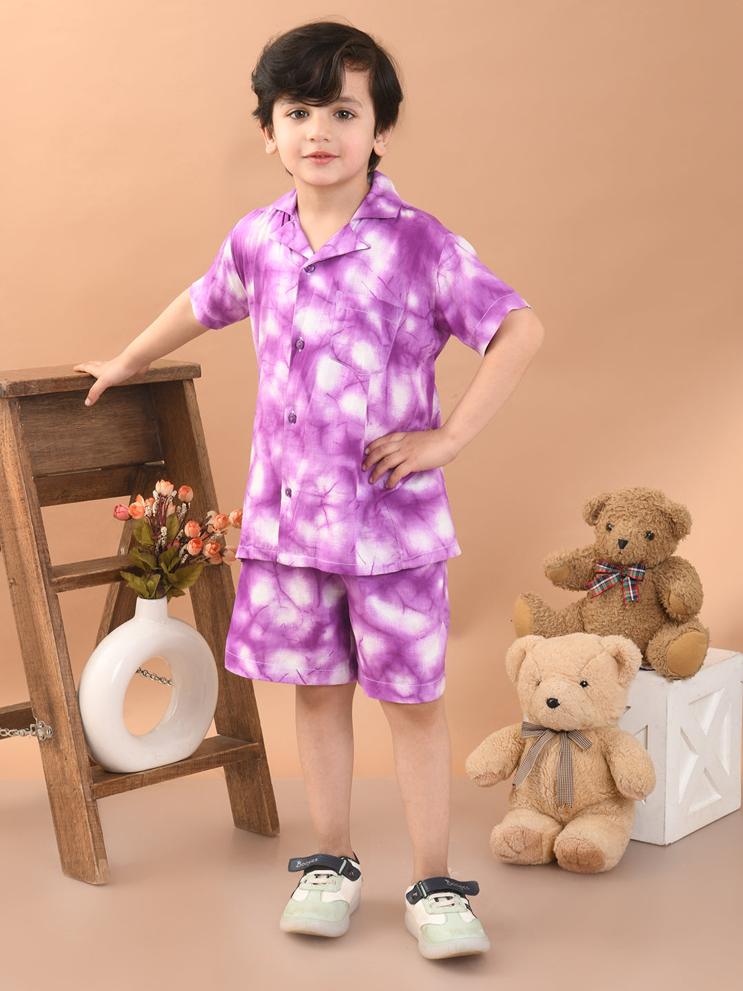 Baby Boys Rayon Tie-Dye Printed Co-ord Set With Notched Collar Shirt and Shorts , Purple