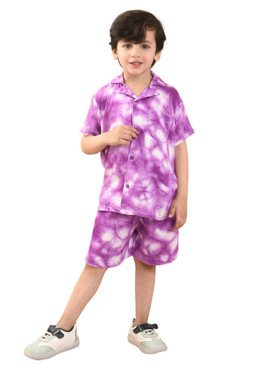 Baby Boys Rayon Tie-Dye Printed Co-ord Set With Notched Collar Shirt and Shorts , Purple