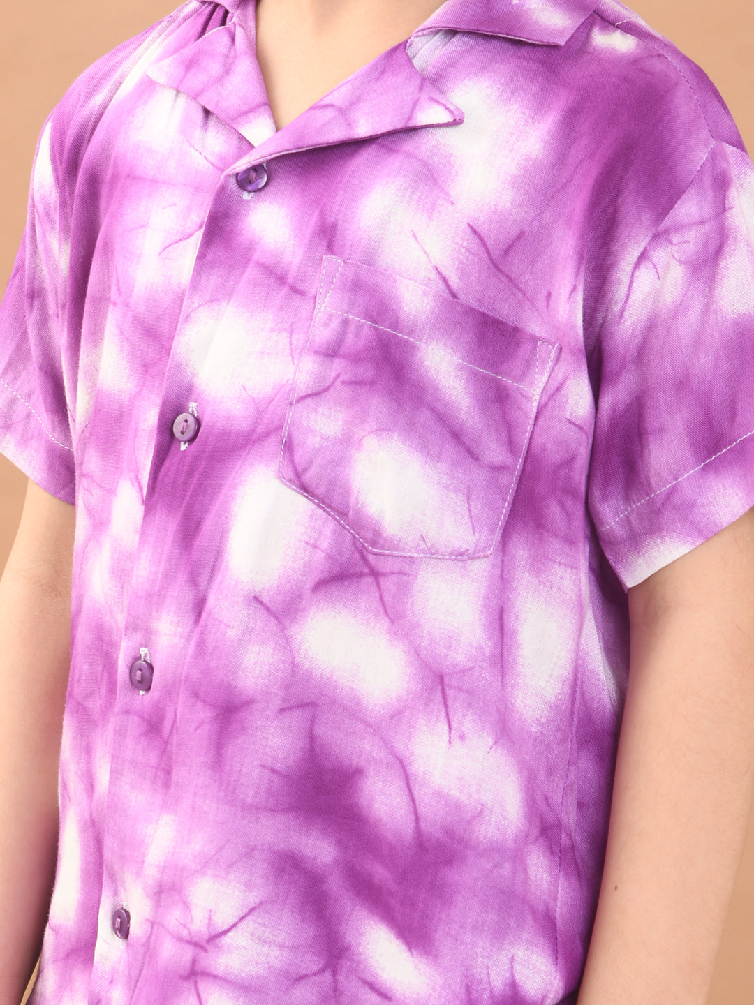 Baby Boys Rayon Tie-Dye Printed Co-ord Set With Notched Collar Shirt and Shorts , Purple