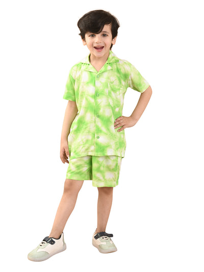 Baby Boys Rayon Tie-Dye Printed Co-ord Set With Notched Collar Shirt and Shorts, Green