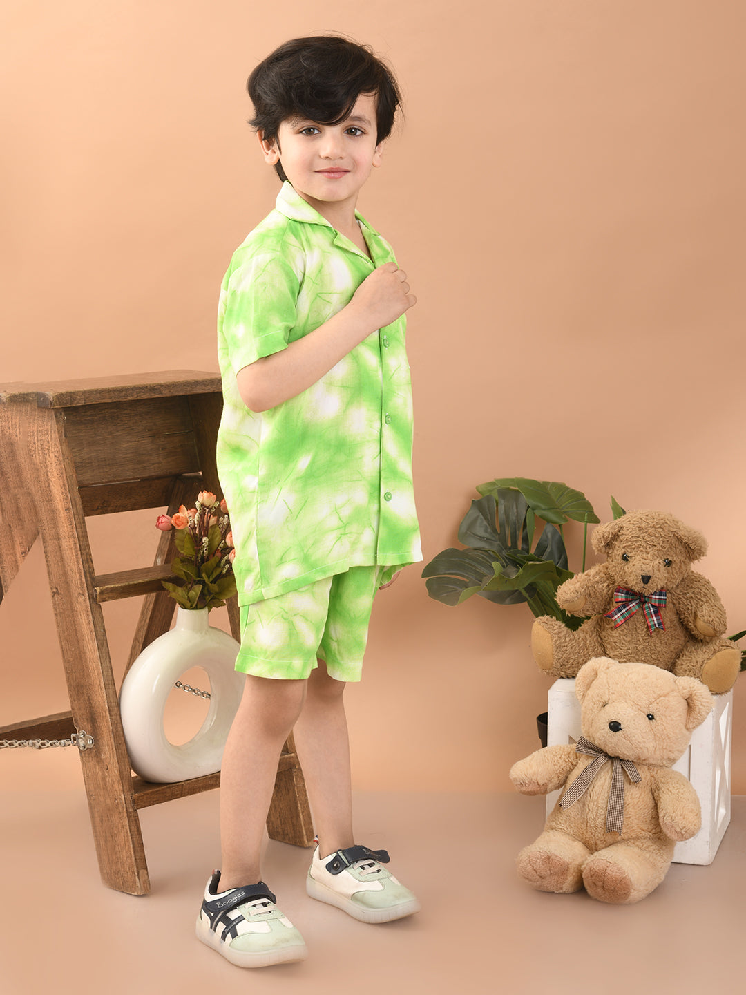 Baby Boys Rayon Tie-Dye Printed Co-ord Set With Notched Collar Shirt and Shorts, Green