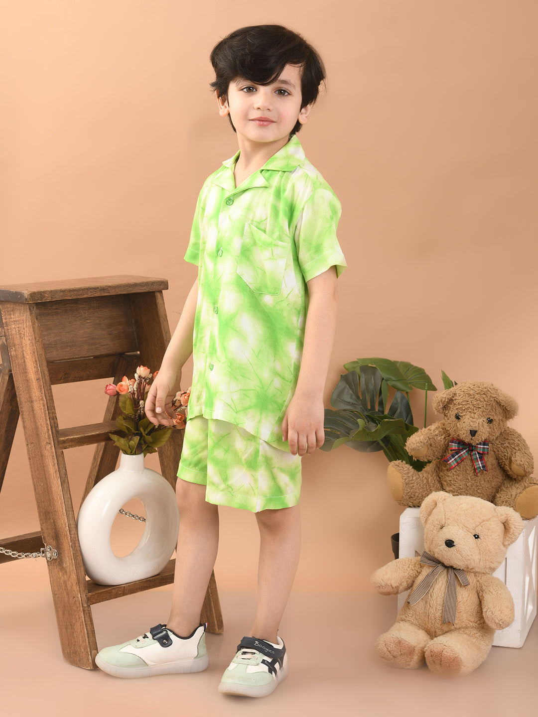 Baby Boys Rayon Tie-Dye Printed Co-ord Set With Notched Collar Shirt and Shorts, Green