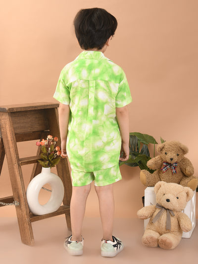 Baby Boys Rayon Tie-Dye Printed Co-ord Set With Notched Collar Shirt and Shorts, Green