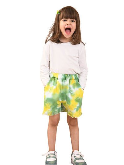 superminis Girls Twill Cotton Tie-Dye Print Shorts with Fringes, Green