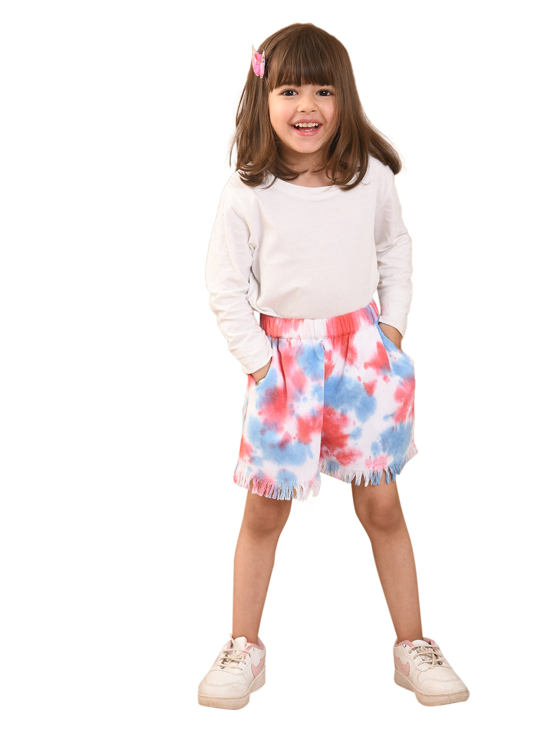 superminis Girls Twill Cotton Tie-Dye Print Shorts with Fringes, Pink