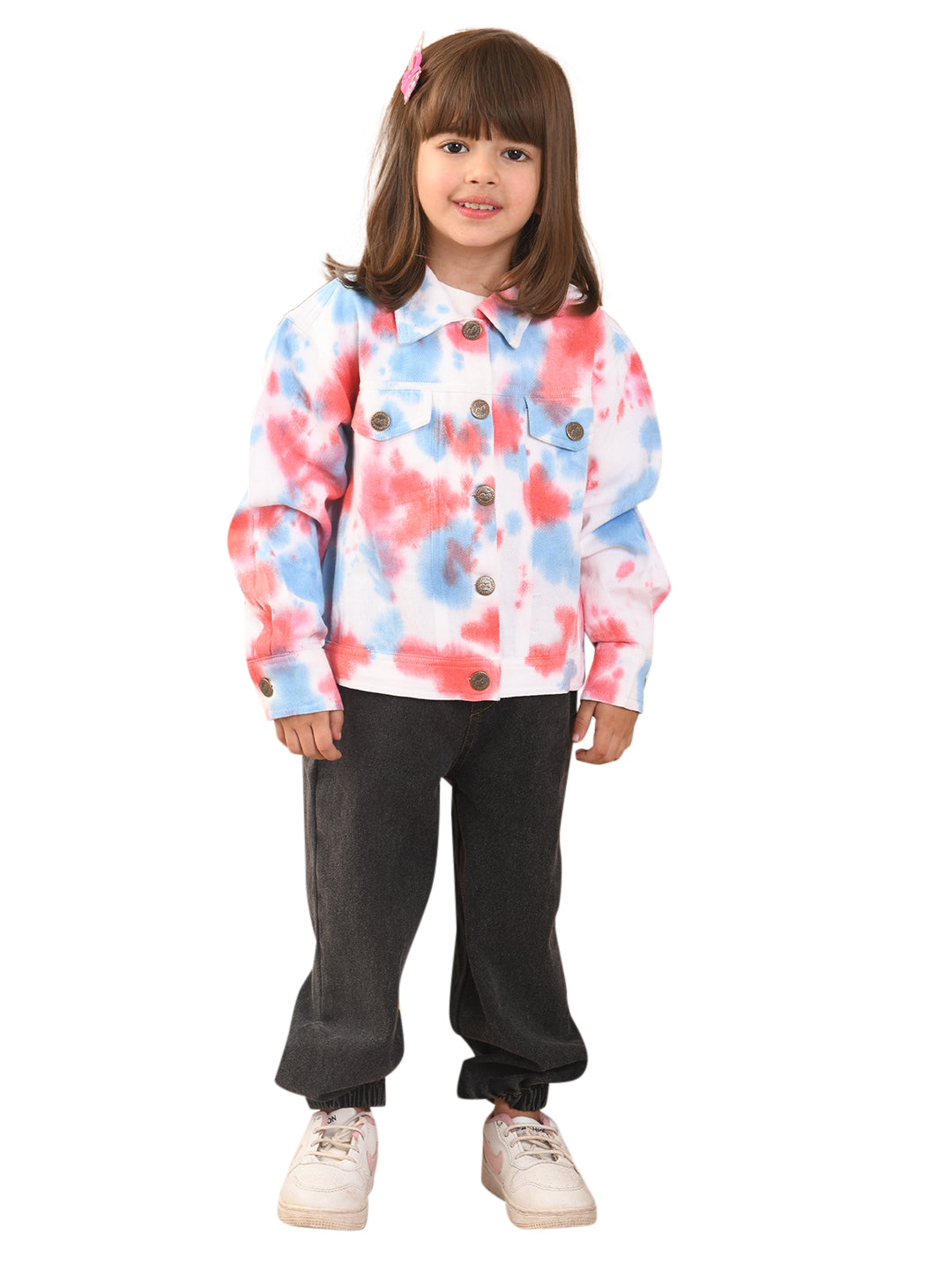 Girls Twill Cotton Tie-Dye Print Full Sleeves Jacket with Front Pockets, Pink