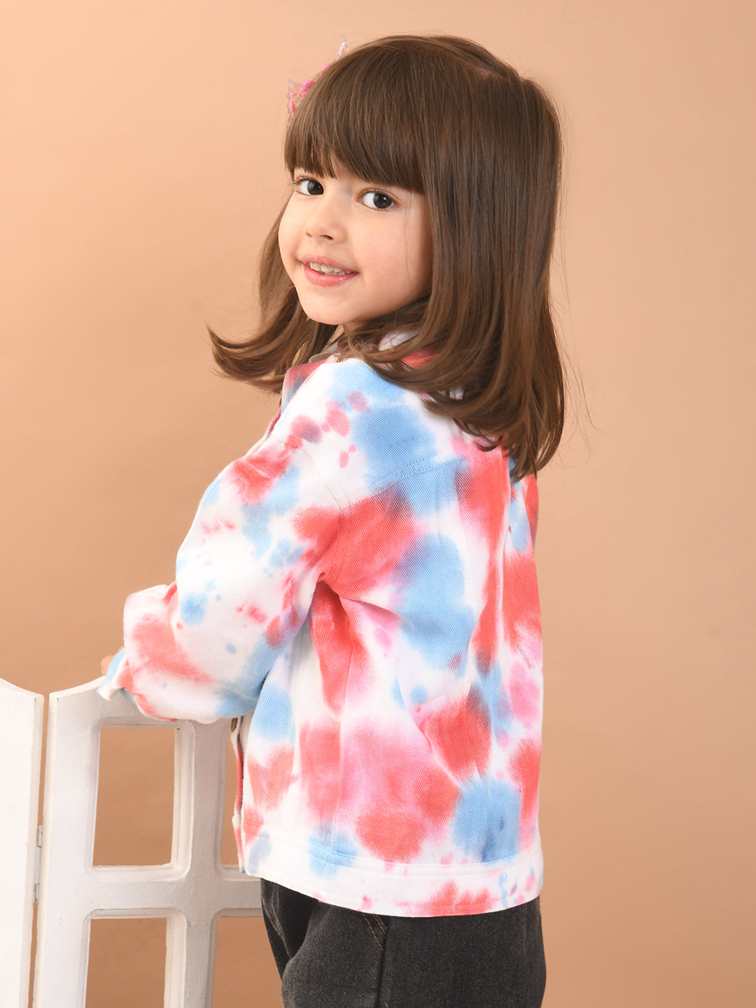 Girls Twill Cotton Tie-Dye Print Full Sleeves Jacket with Front Pockets, Pink