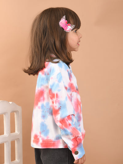 Girls Twill Cotton Tie-Dye Print Full Sleeves Jacket with Front Pockets, Pink