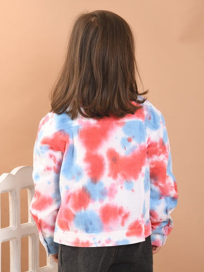 Girls Twill Cotton Tie-Dye Print Full Sleeves Jacket with Front Pockets, Pink