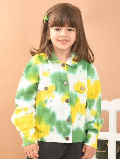 Girls Twill Cotton Tie-Dye Print Full Sleeves Jacket with Front Pockets, Green