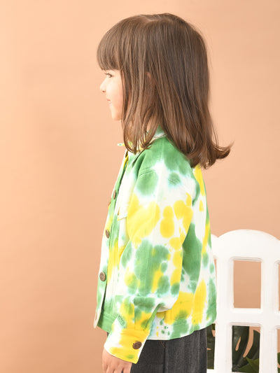 Girls Twill Cotton Tie-Dye Print Full Sleeves Jacket with Front Pockets, Green