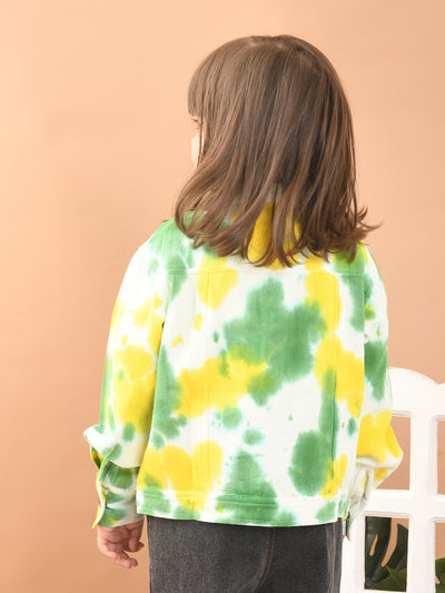 Girls Twill Cotton Tie-Dye Print Full Sleeves Jacket with Front Pockets, Green