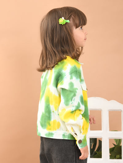 Girls Twill Cotton Tie-Dye Print Full Sleeves Jacket with Front Pockets, Green