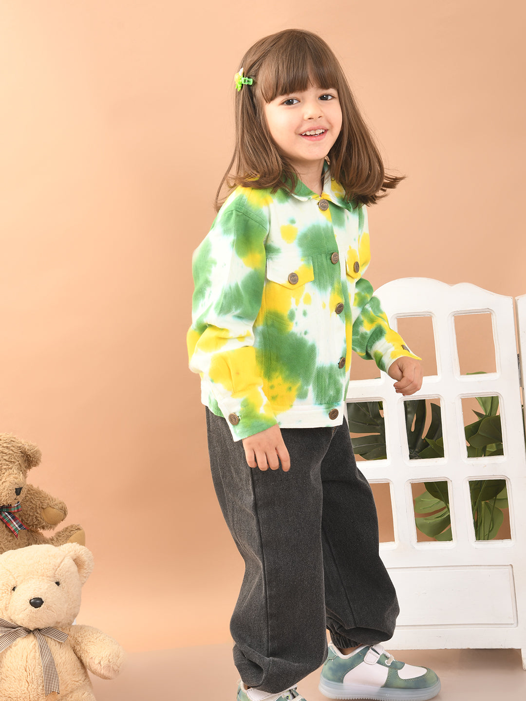 Girls Twill Cotton Tie-Dye Print Full Sleeves Jacket with Front Pockets, Green