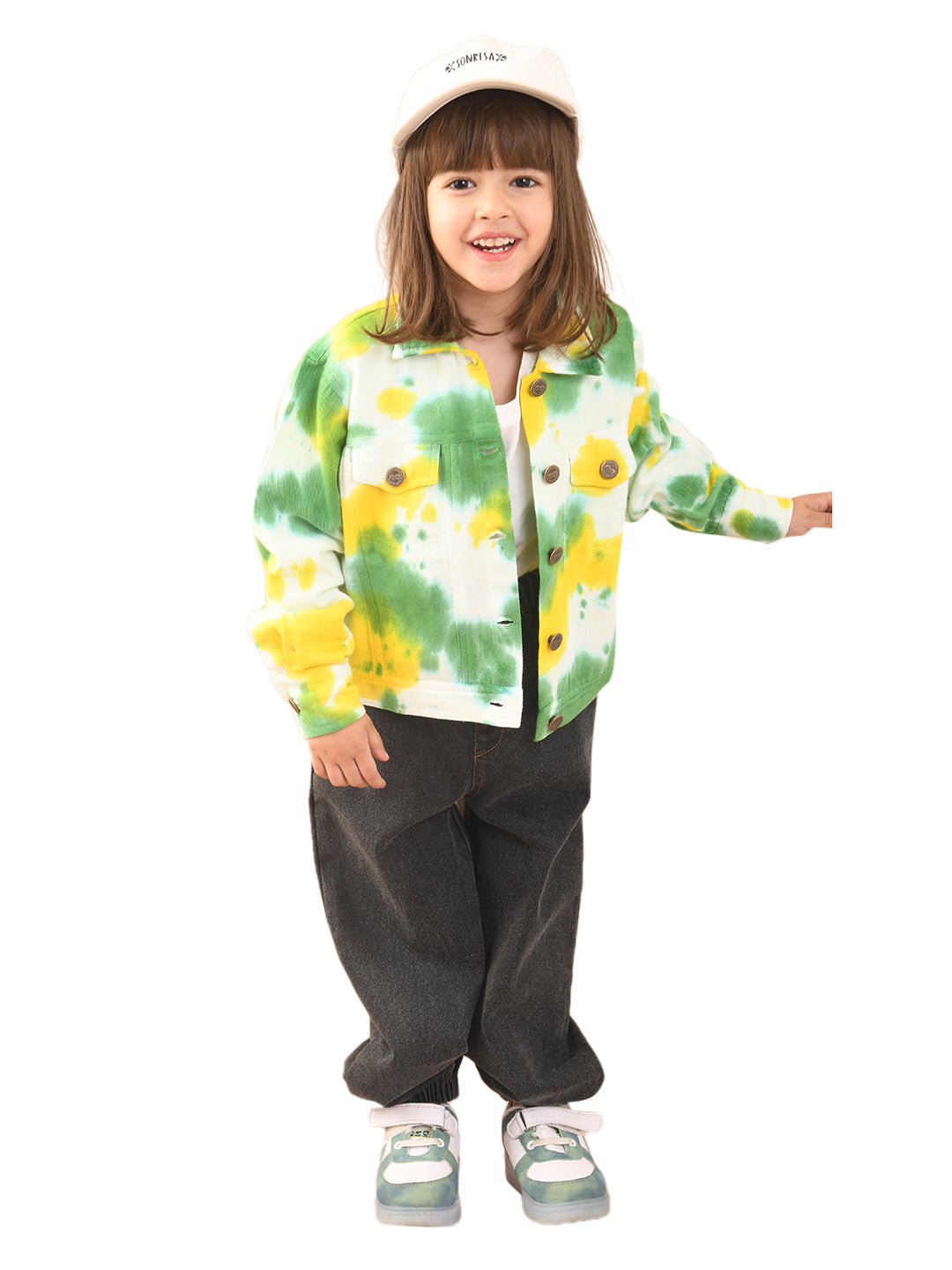 Girls Twill Cotton Tie-Dye Print Full Sleeves Jacket with Front Pockets, Green