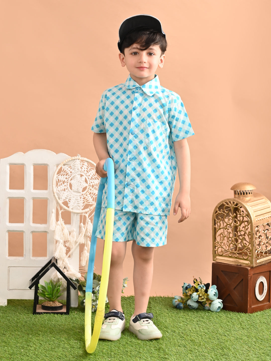 Boys Cotton Check Printed Co-ord Set With Spread Collar Shirt and Short,  Sky Blue